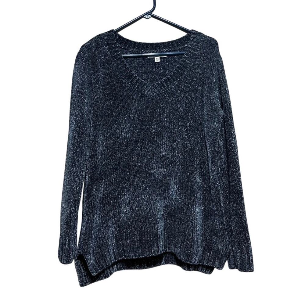 Orvis Womens Medium Blue Gray Chenille Sweater V Neck Pullover Soft Cozy Knit